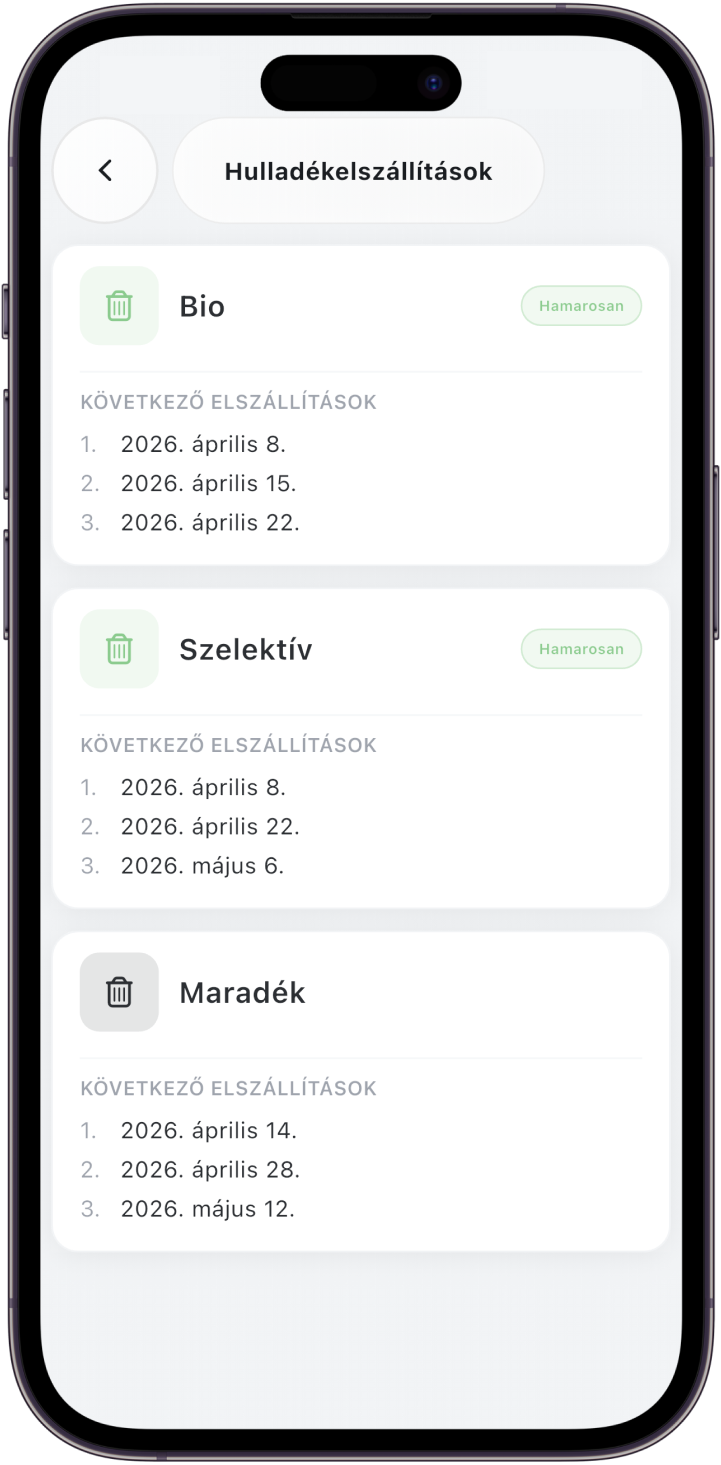 Hulladékelszállítások képernyőkép